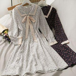 Contrasted Ribbon-accent Floral Midi Dress