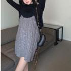 Mock-neck Furry-knit Top / Sleeveless Colorblock Mini Dress