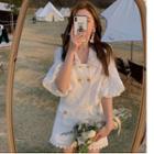 Set: Elbow-sleeve Lace Blouse + Shorts