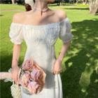 Off Shoulder Frill Hem Beaded A-line Dress