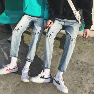 Couple Matching Washed Cat Embroidered Jeans