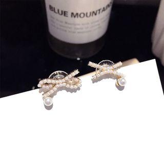 Faux Pearl Bow Earring 1 Pair - Silver Needle - Gold - One Size