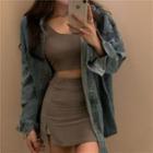 Long-sleeve Denim Shirt / Plain Camisole + High-waist Plain Skirt