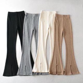 Plain Ribbed Knit Slit Boot Cut Pants