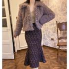 Fluffy Jacket / Floral Print Midi A-line Skirt