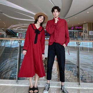 Couple-matching Long-sleeve Shirt / Cropped Pants / Long-sleeve Midi A-line Dress / Set