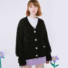 Flower-embroidered Tie-cuff Cable-knit Cardigan Black - One Size