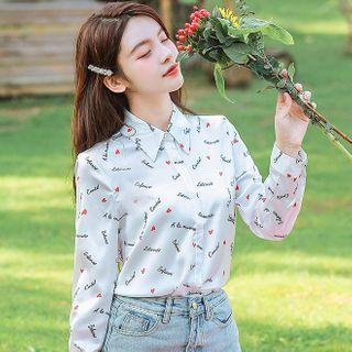 Long-sleeve Lettering Heart Print Shirt