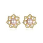 Sterling Silver Plated Gold Elegant Fashion Flower Purple Freshwater Pearl Stud Earrings With Cubic Zirconia Golden - One Size
