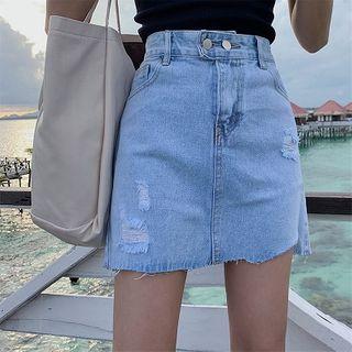 Distressed Denim Mini Straight-fit Skirt