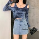 Long-sleeve Tie-dye T-shirt / Denim Mini Fitted Skirt