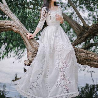 Elbow-sleeve Embroidered A-line Maxi Dress