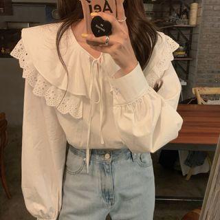Lace Trim Collar Long-sleeve Top White - One Size