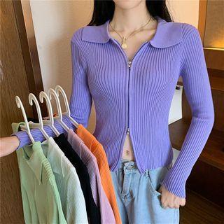 Collared Ribbed Zip Cardigan