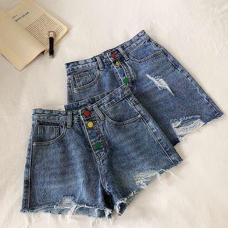 Single-breasted Distressed High-waist Denim Skirt