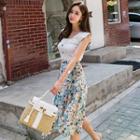 Set: Wide-strap Buttoned Top + Flower Print A-line Skirt