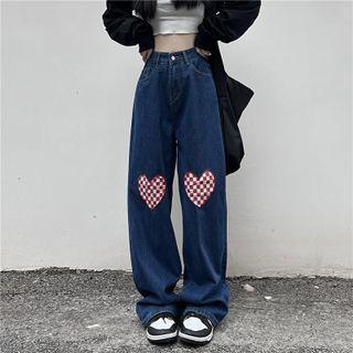 Check Heart Print High Waist Wide Leg Jeans