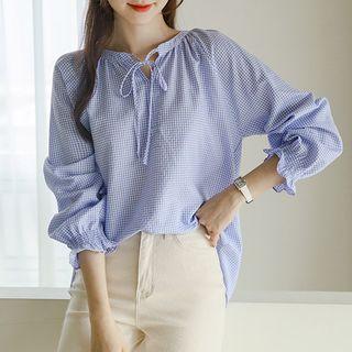Tie-neck Smocked-cuff Gingham Blouse