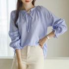 Tie-neck Smocked-cuff Gingham Blouse