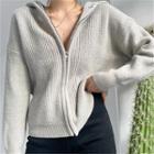 Long Sleeve Ribbed-knit Zip-up Hooded Jacket Gray - One Size