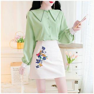 Embroidered Trim Blouse / Floral Embroidered A-line Skirt / Set
