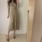 Tie-waist V-neck Long Sleeve Midi Knit Dress