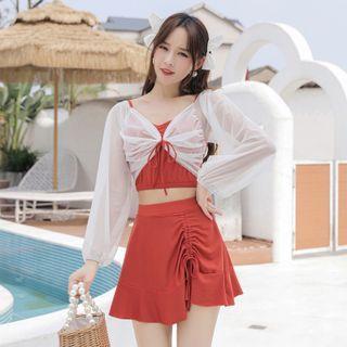 Set: Long-sleeve Mesh Panel Tankini Top + Swim Skirt