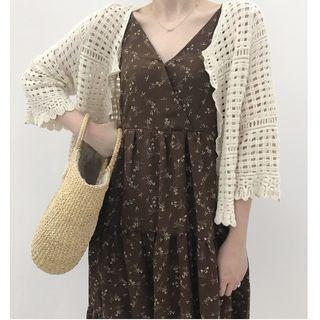 Spaghetti Strap Floral Print A-line Dress/ 3/4 Sleeve Cardigan