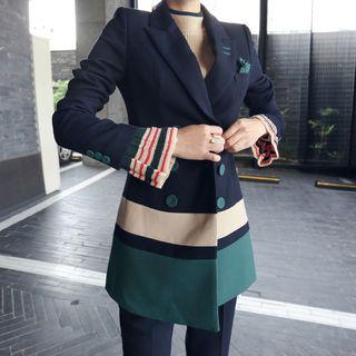 Set: Contrast-trim Blazer + Straight-leg Pants