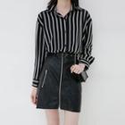 Striped Shirt / Faux Leather Mini Skirt