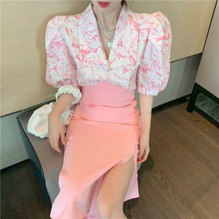 Elbow-sleeve Blouse / Midi Pencil Skirt