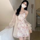 Spaghetti Strap Floral Mini A-line Dress / Flared-cuff Ruffle Trim Light Jacket