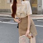 Short-sleeve Bow Blouse / Mini Pencil Skirt