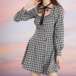 Long-sleeve Square-neck Asymmetrical Button Plaid Dress