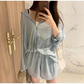 Set Of 2: Zip-up Light Hoodie + Drawstring Shorts Blue - One Size