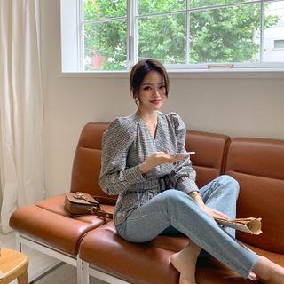 Puff-sleeve Plaid Wrap Blouse With Belt