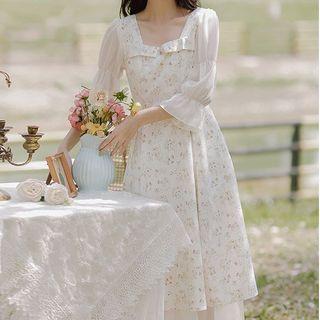 3/4-sleeve Square-neck Floral Midi A-line Dress
