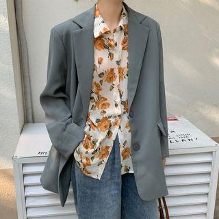 Plain Single-breasted Blazer / Flower Print Blouse