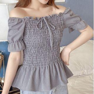 Off-shoulder Check Smocked Blouse