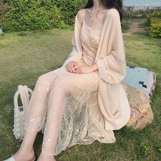 Open Front Long Knit Jacket / Lace Midi Spaghetti Strap Dress