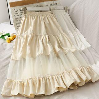 Mesh-panel Ruffled Midi Skirt
