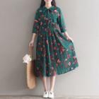 3/4-sleeve Floral Print Pleated Midi Dress