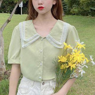 Lace-trim Collared Short-sleeve Blouse