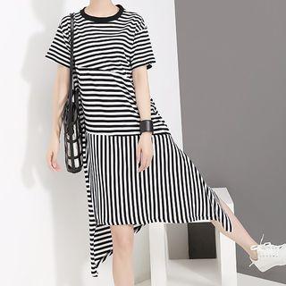 Short-sleeve Striped Midi T-shirt Dress Black - One Size