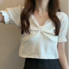 Puff-sleeve Bow-accent V-neck Knit Top