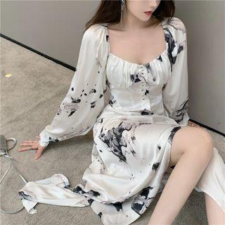 Long-sleeve Square-neck Splatter Print Midi A-line Dress