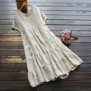 Short-sleeve Shirred Midi A-line Dress Beige - One Size