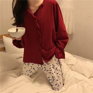 Ruffled Plain Sleep Top / Heart Print Sleep Pants