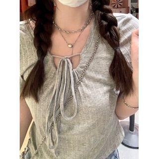 Short-sleeve Drawstring Asymmetrical T-shirt Gray - One Size
