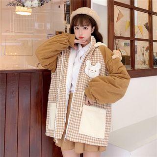 Plaid Hooded Zip Jacket As Shown In Figure - One Size